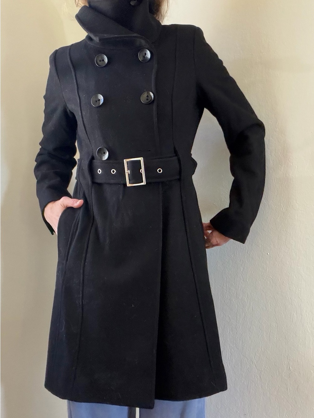 Vintage Guess Women's Black Double-Breasted Belted Wool pea Coat